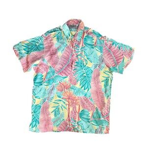 Kenny Flowers Mens Hawaiian Shirt Large Yellow Red Green Button Up Leaf Rayon